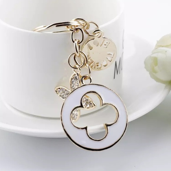 Accessories - White and Gold Crystal Flower Clover Keychain Charm